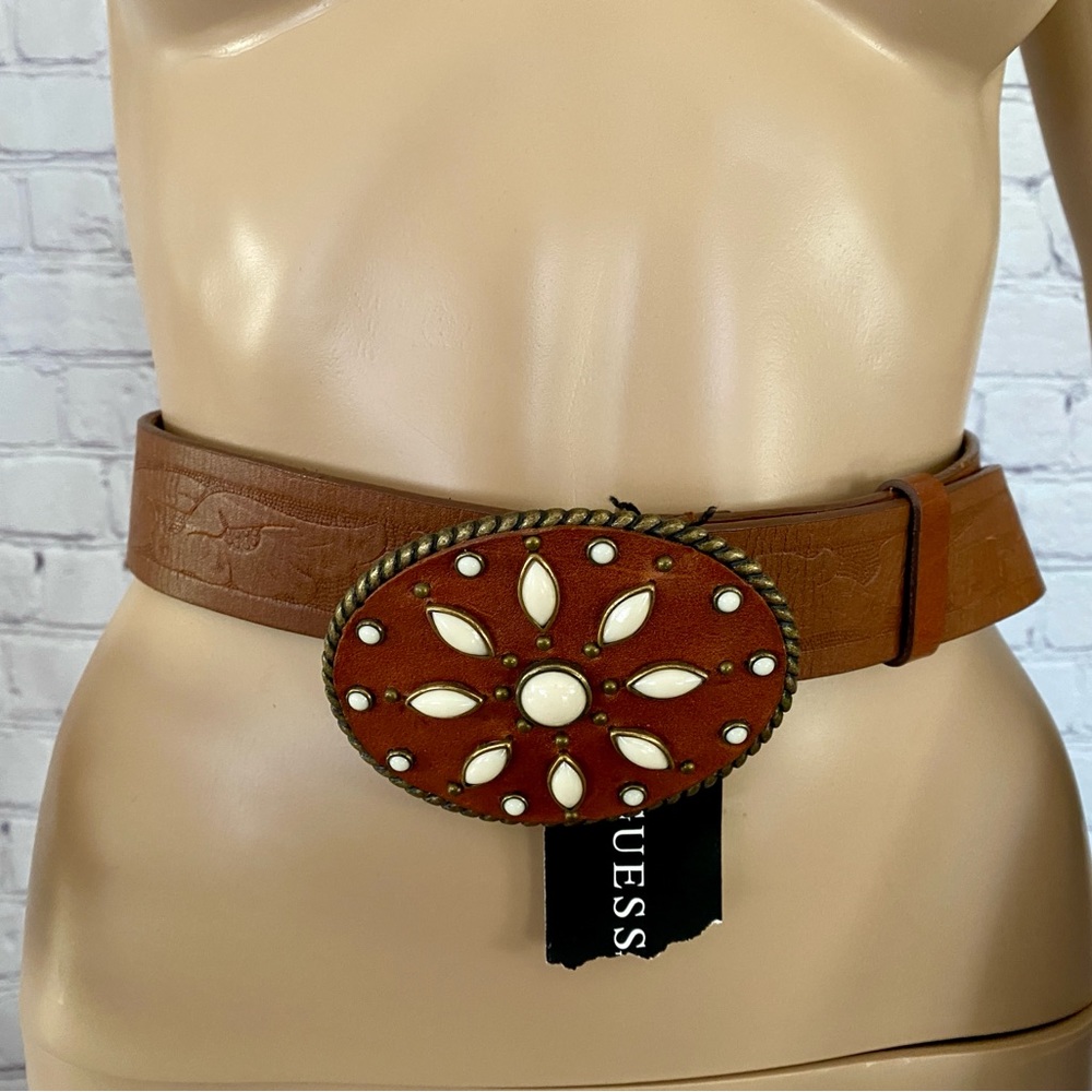 GUESS Brown leather jeweled Belt Large L NEW with tags